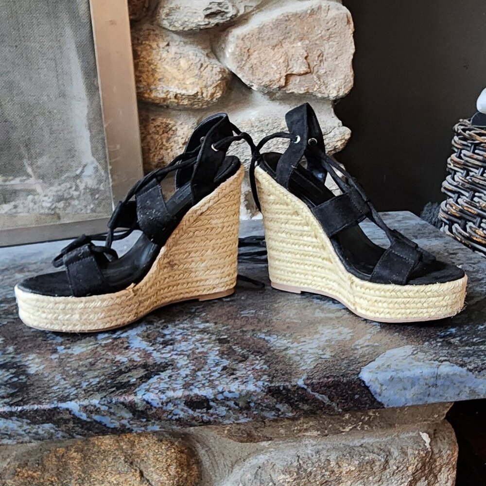 Forever 21 Black Faux Suede Wedge Espadrille Sandals Size 7 - Picture 9 of 16